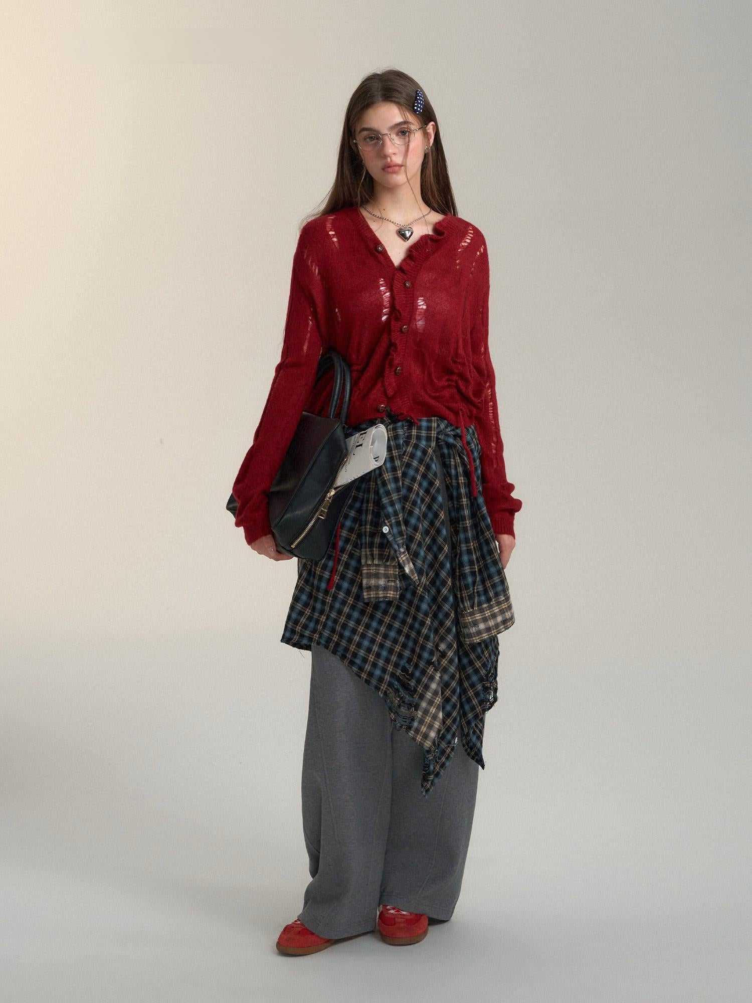 Ripped Knit Drawstring Red Cardigan