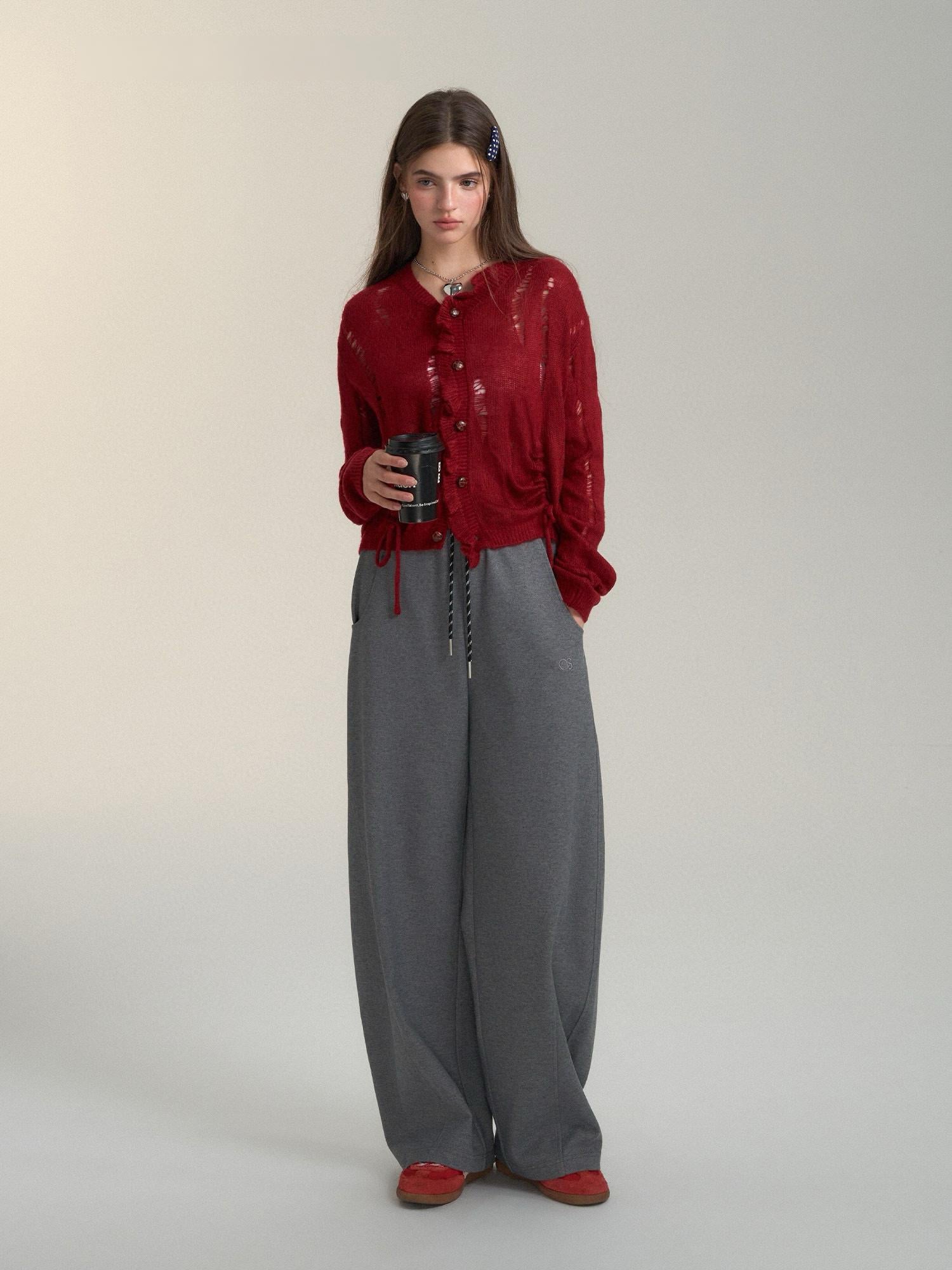 Ripped Knit Drawstring Red Cardigan