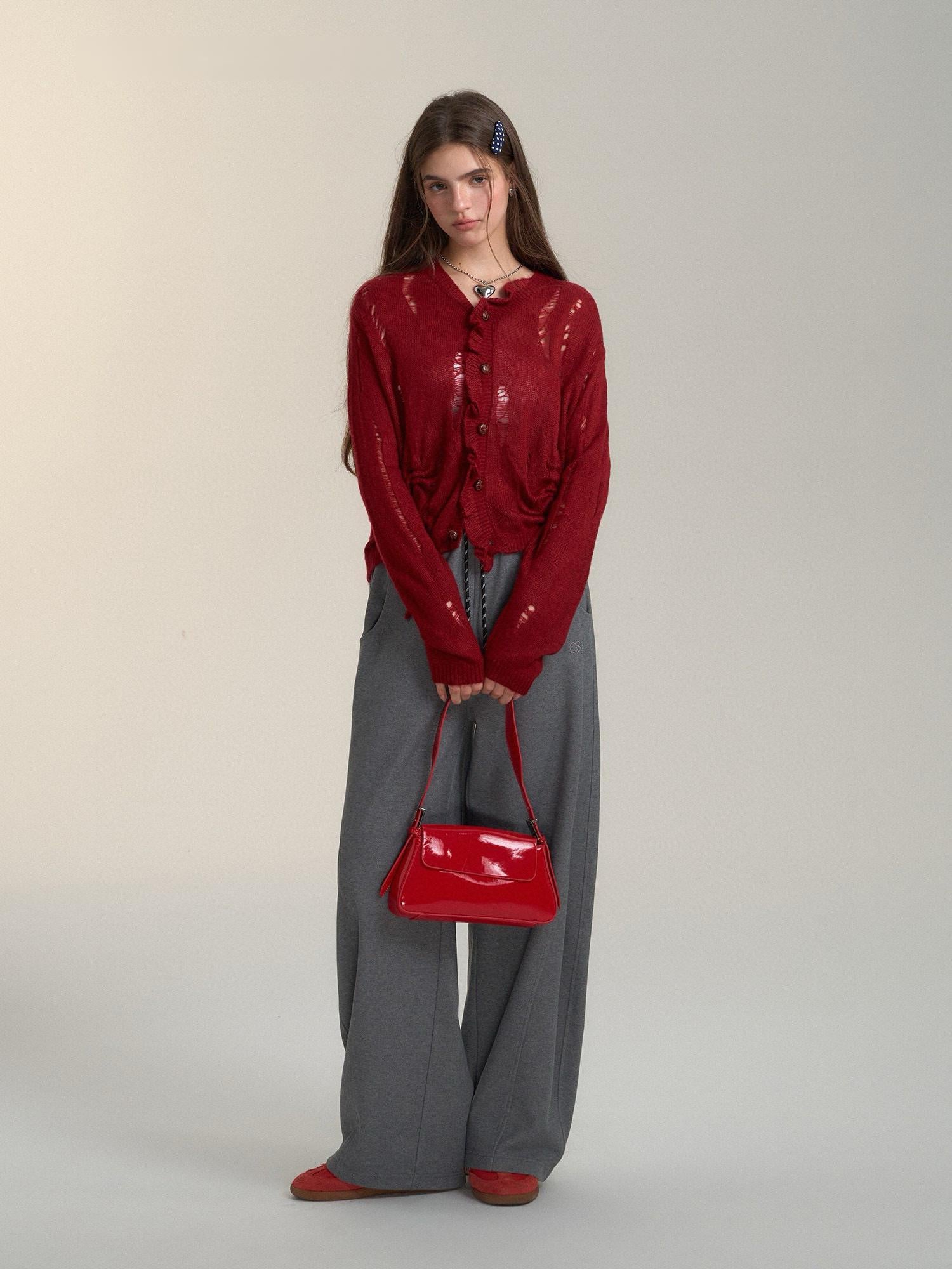 Ripped Knit Drawstring Red Cardigan