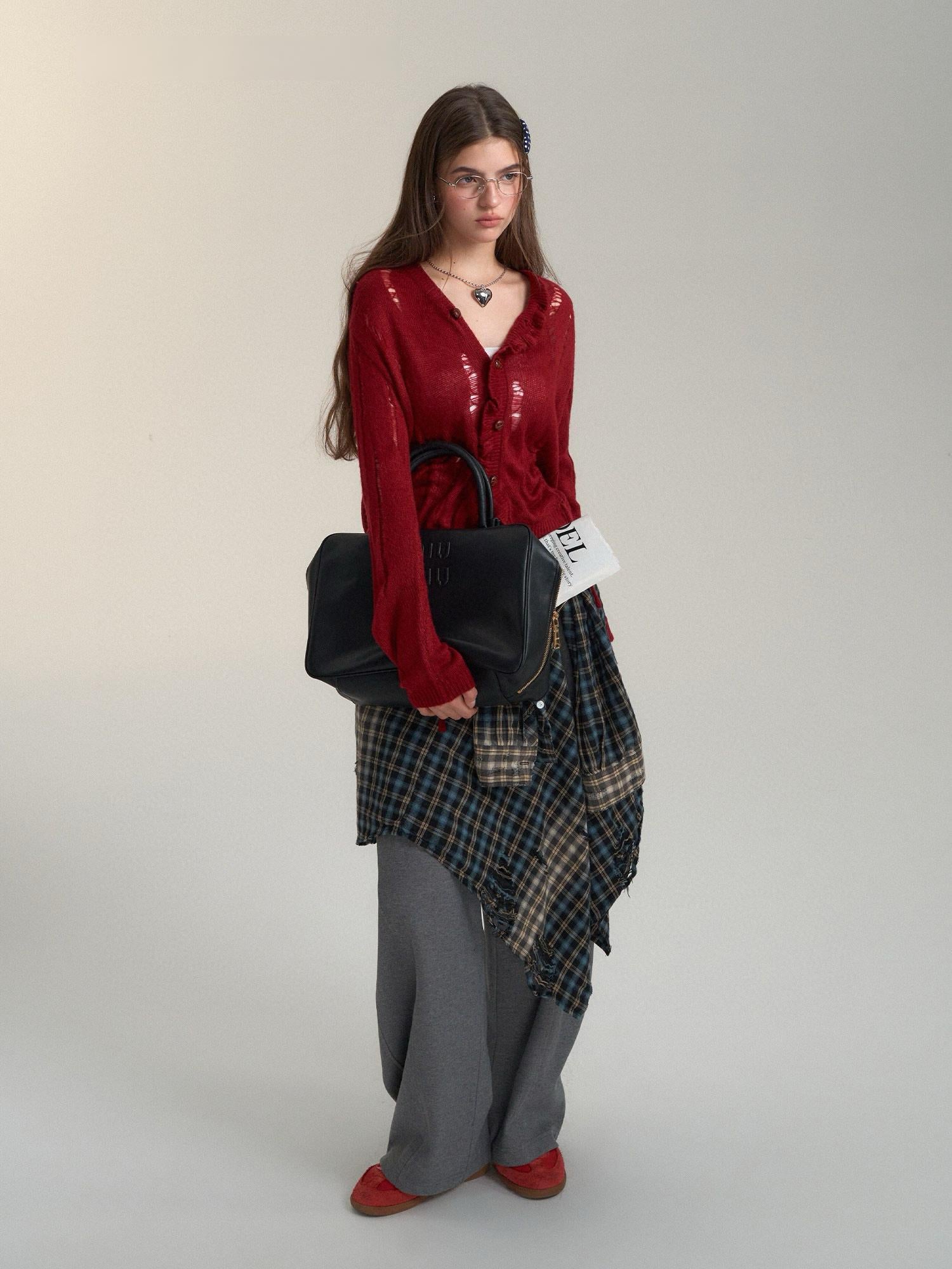 Ripped Knit Drawstring Red Cardigan