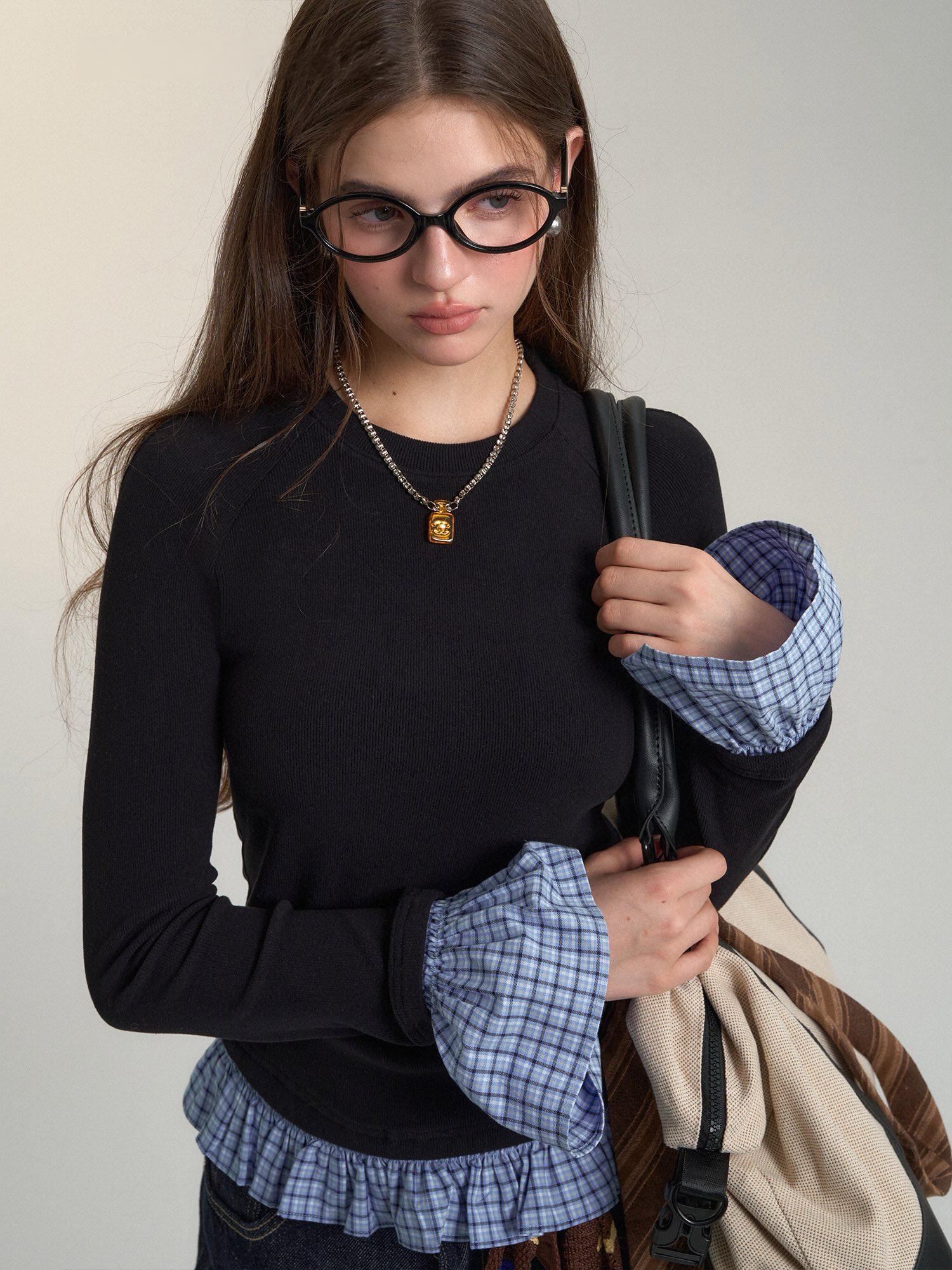 Vintage Plaid Panel Long Sleeve Top
