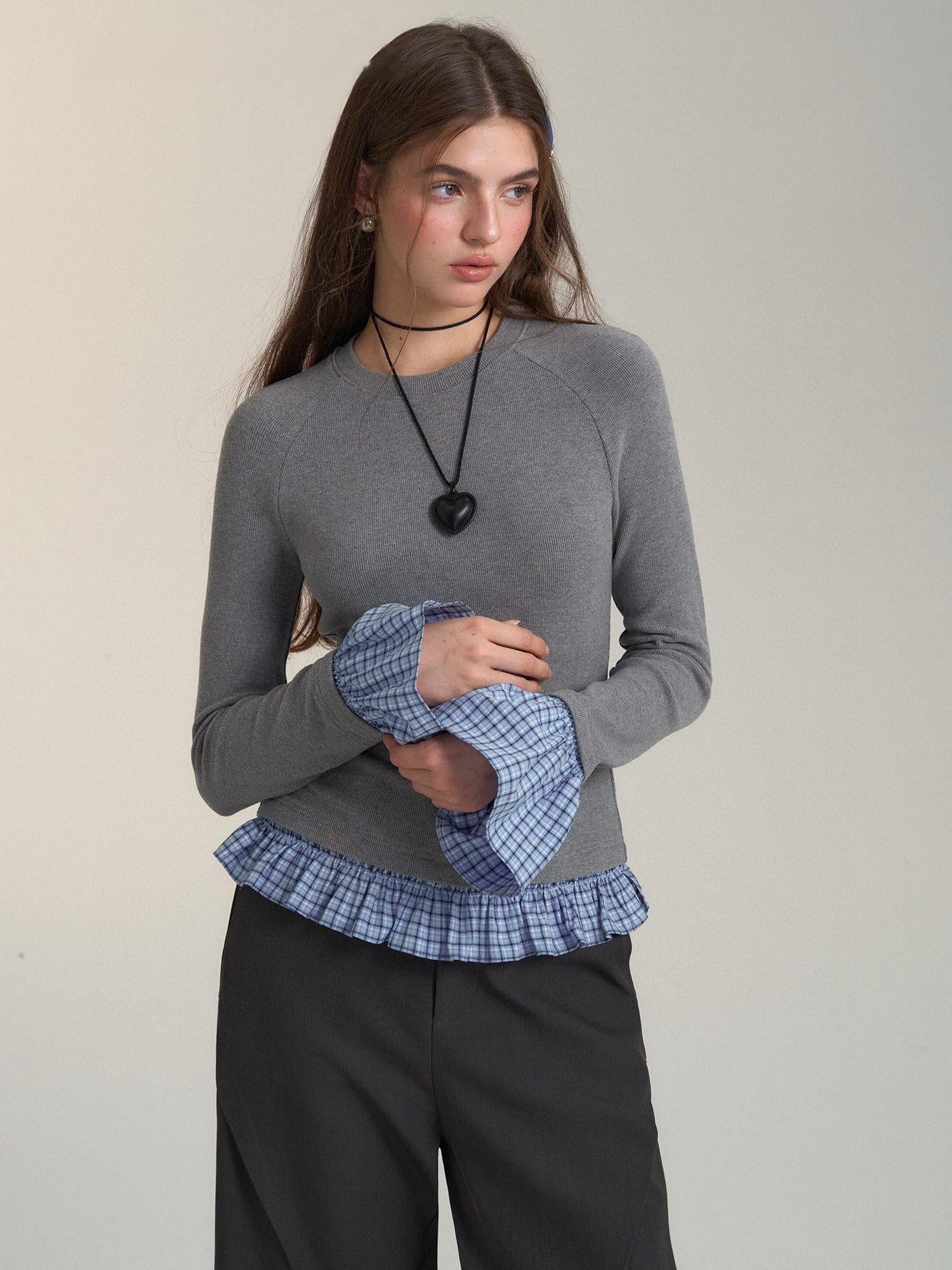 Vintage Plaid Panel Long Sleeve Top