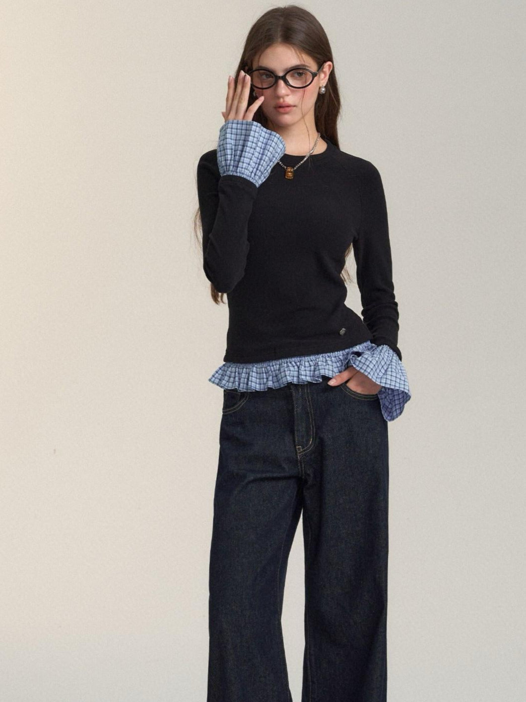Vintage Plaid Panel Long Sleeve Top