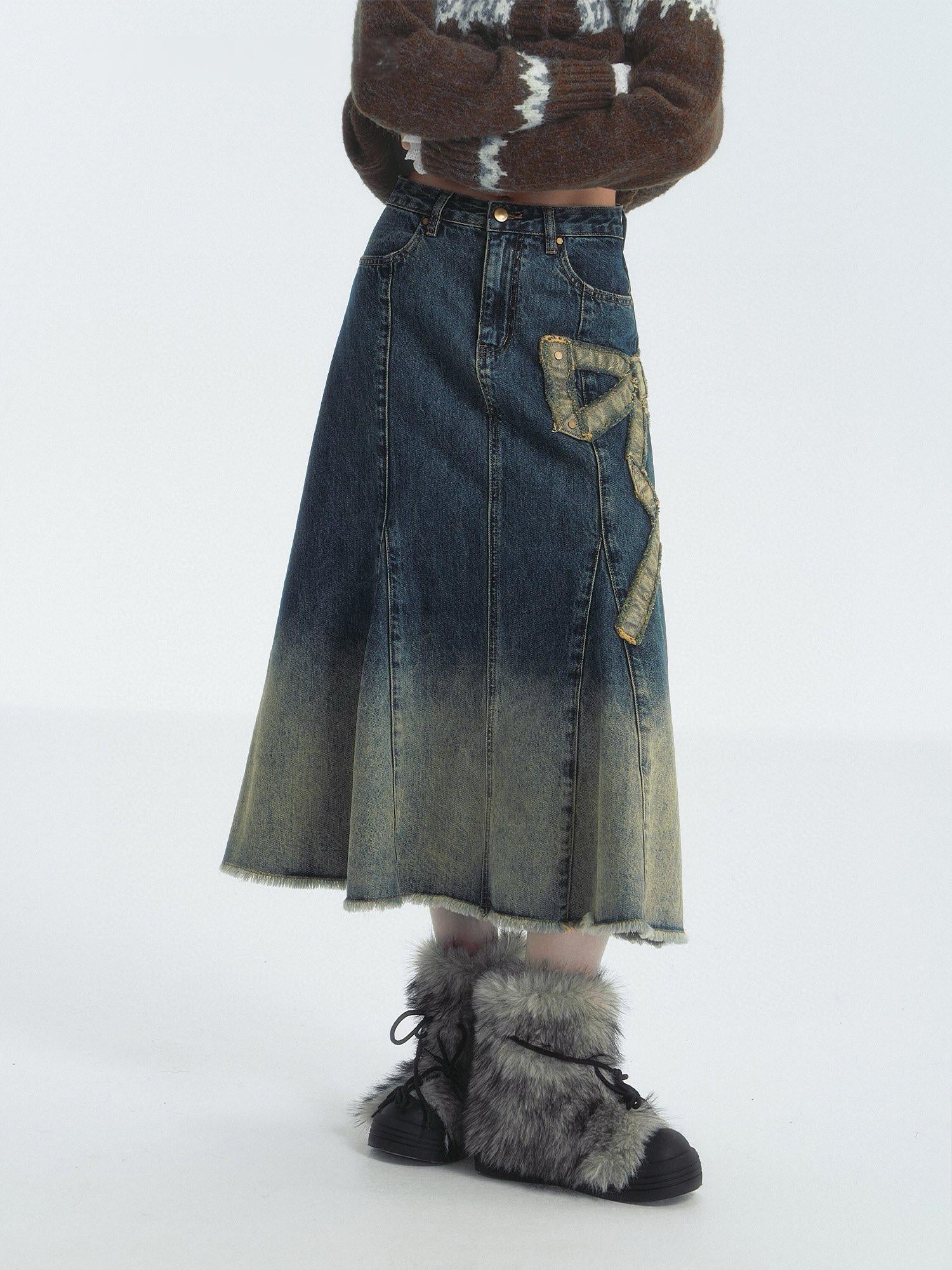 Vintage Bow Denim Midi Skirt