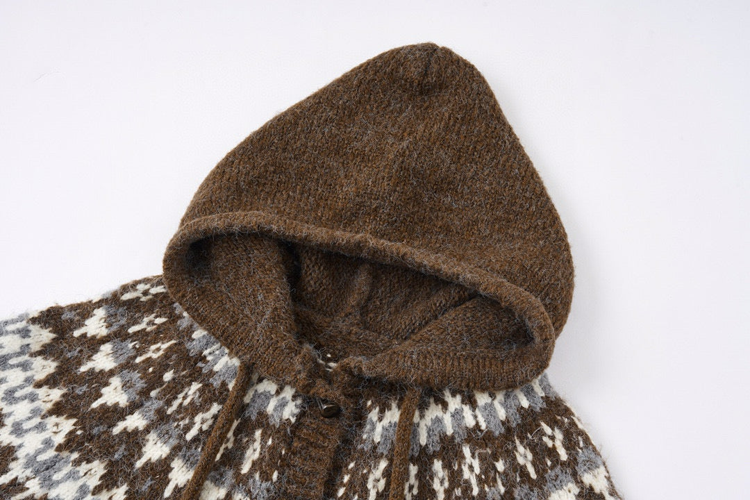 Fair Isle Pattern Hooded Knit Cardigan