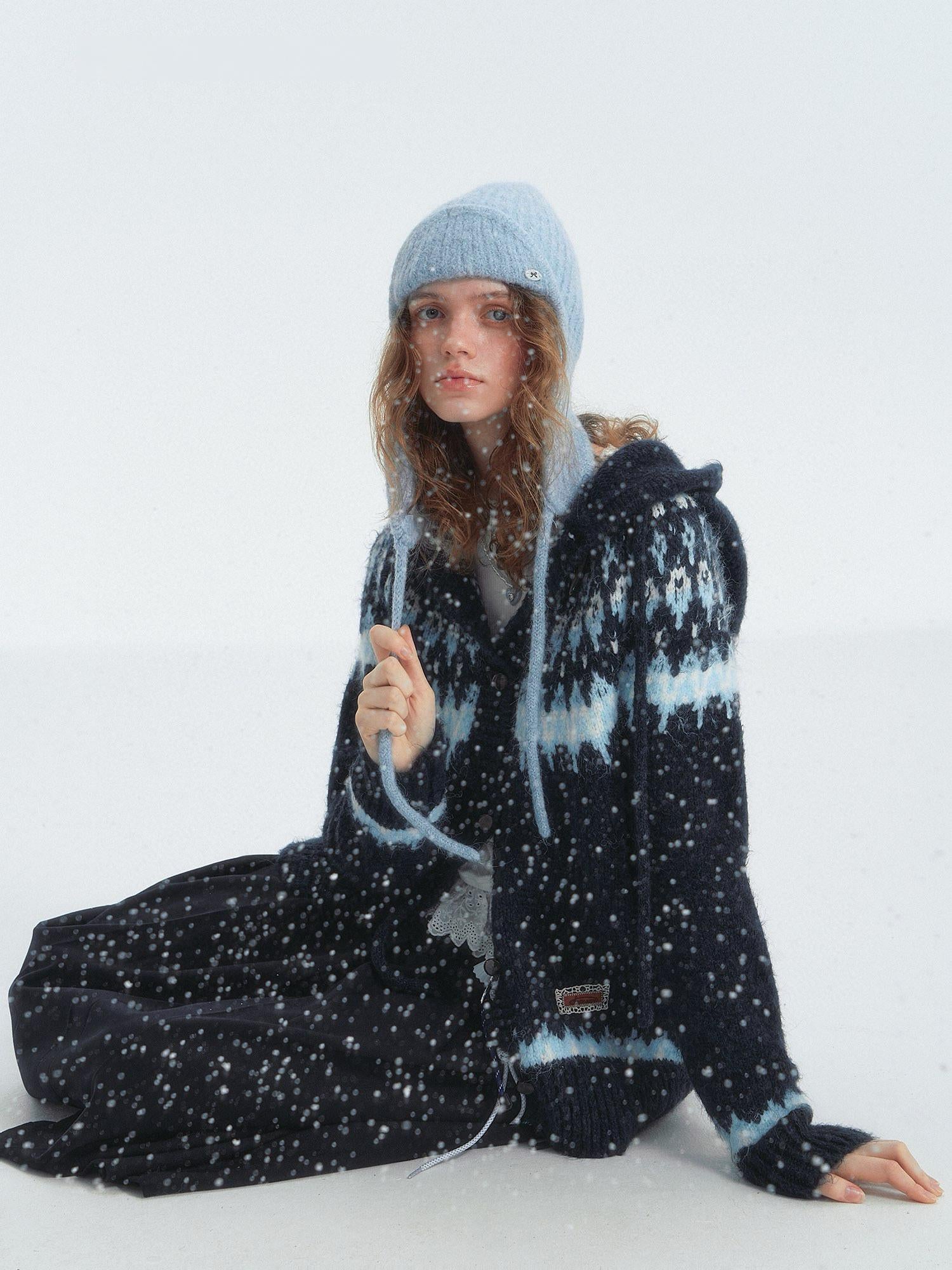 Fair Isle Pattern Hooded Knit Cardigan