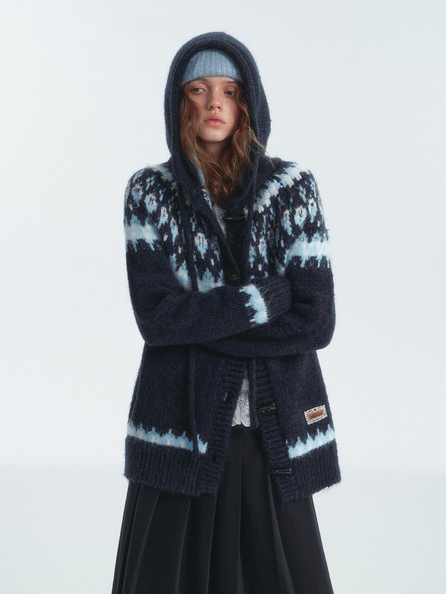 Fair Isle Pattern Hooded Knit Cardigan