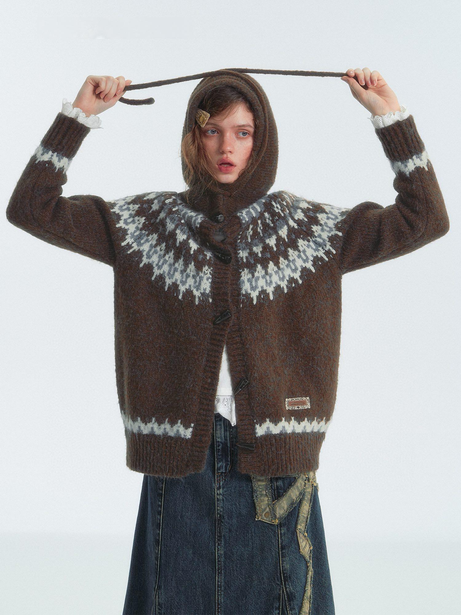 Fair Isle Pattern Hooded Knit Cardigan