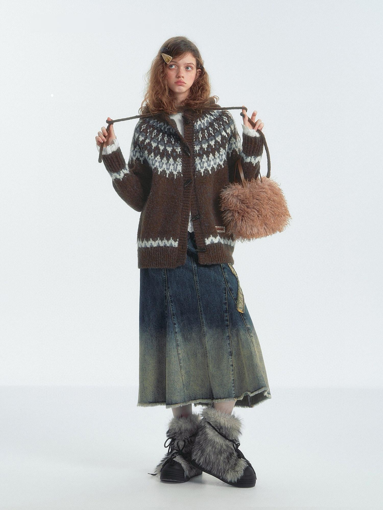 Fair Isle Pattern Hooded Knit Cardigan