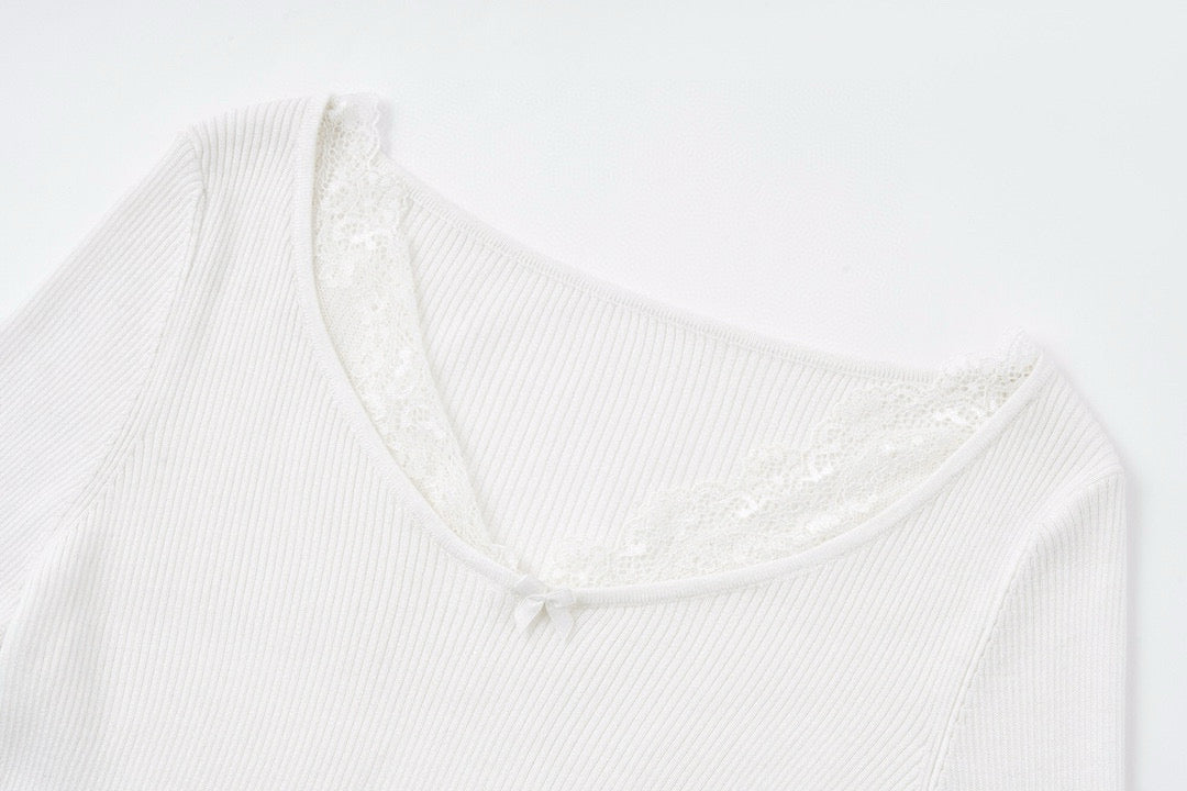 White Lace-Trim Thermal Knit Top