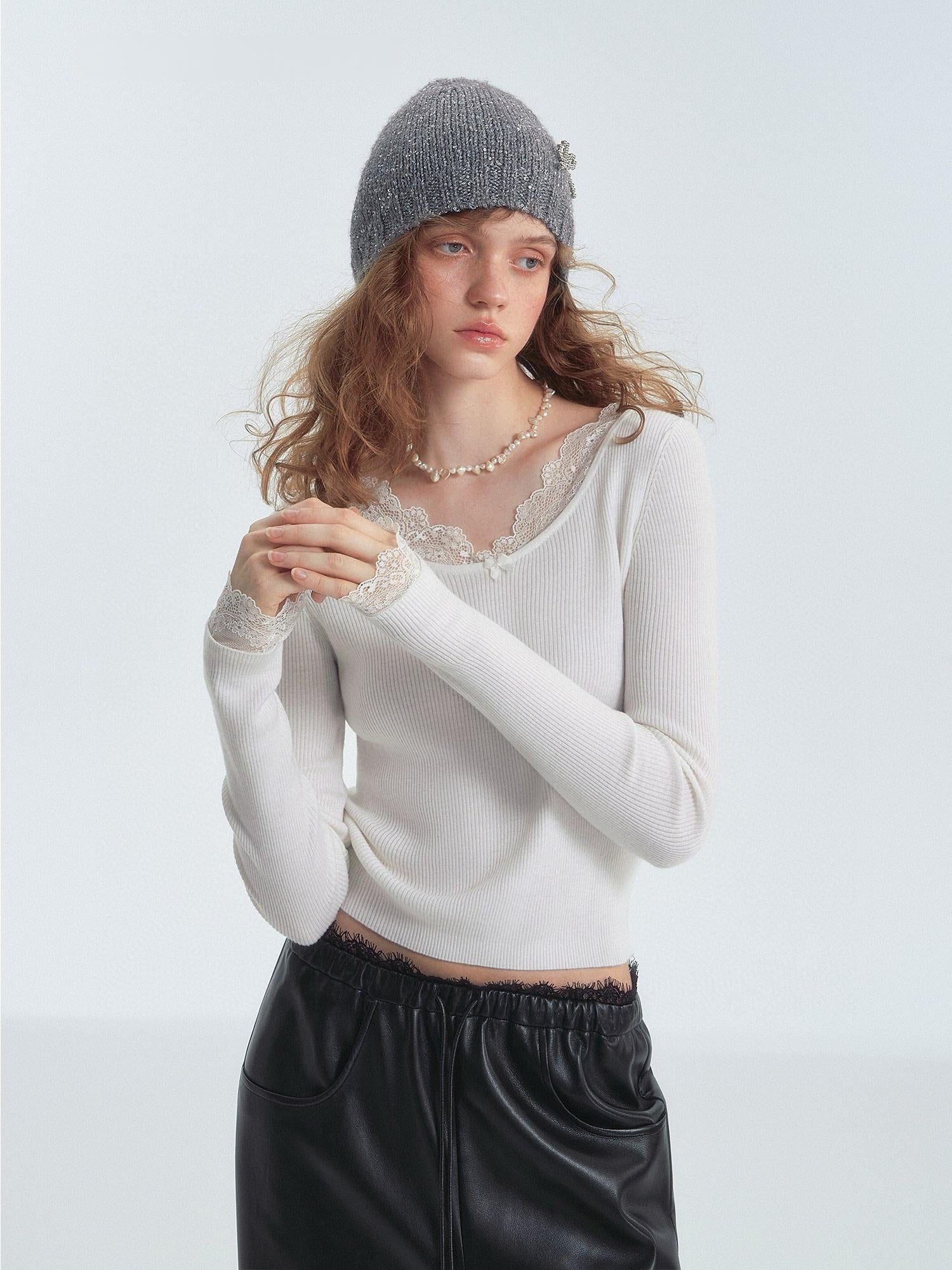 White Lace-Trim Thermal Knit Top