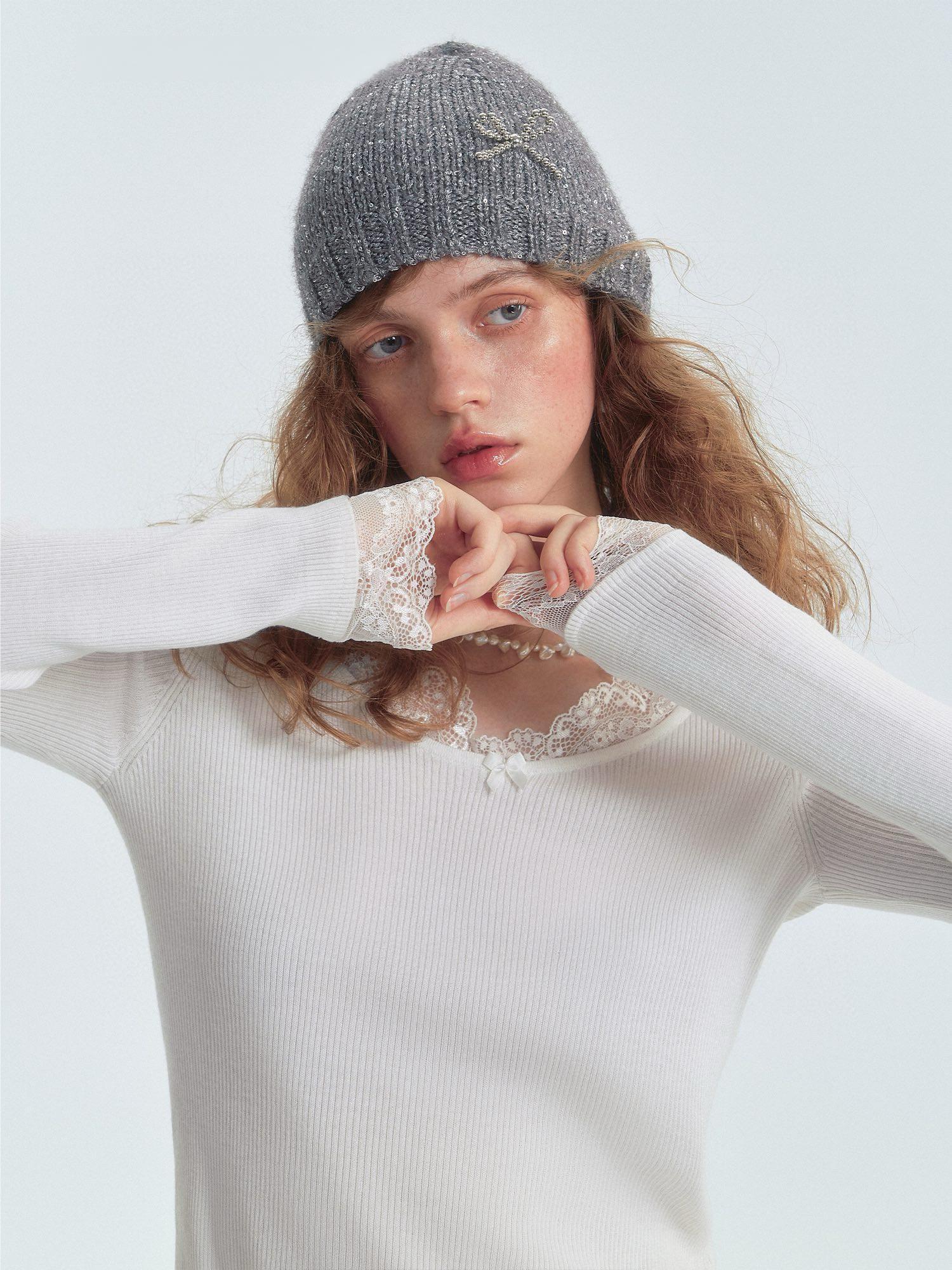 White Lace-Trim Thermal Knit Top