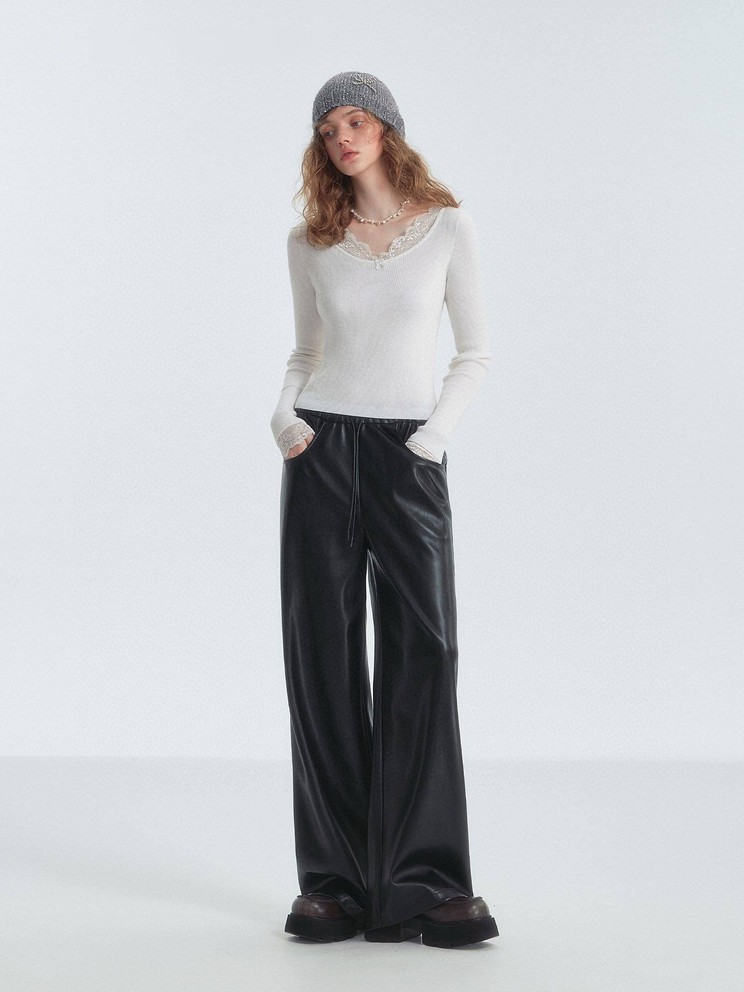 White Lace-Trim Thermal Knit Top