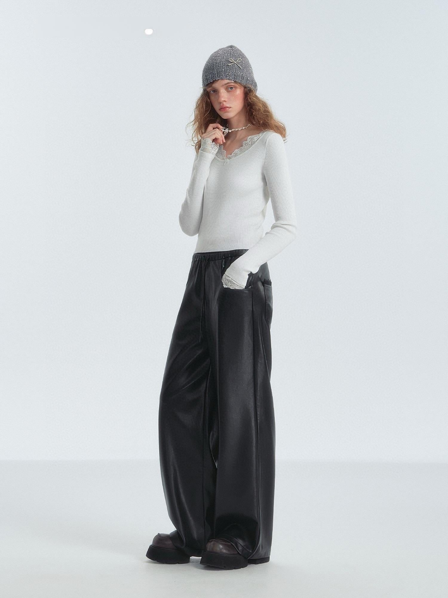 White Lace-Trim Thermal Knit Top