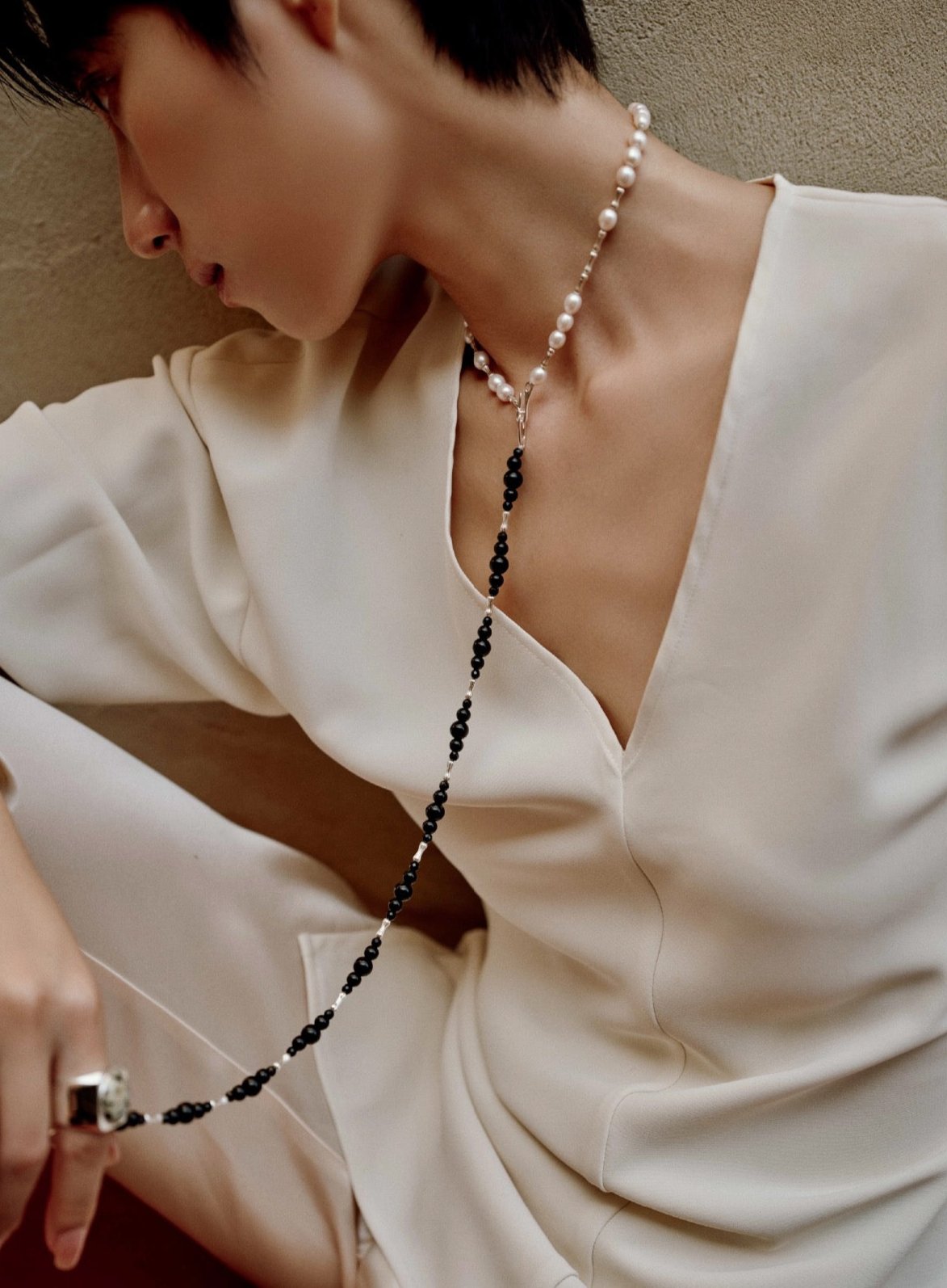Engraved Bead Pearl Necklace