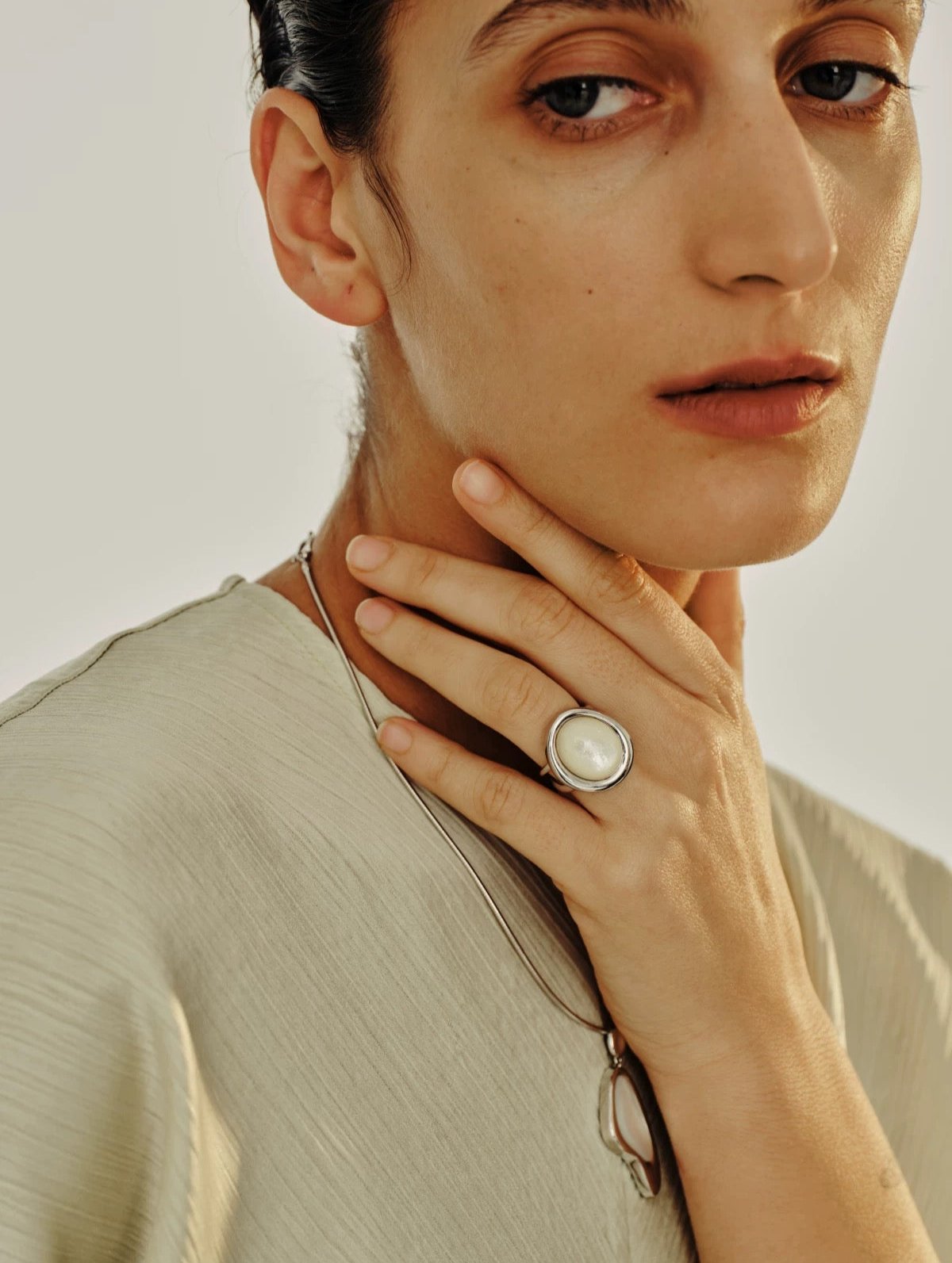 Sphere Mother of Pearl Gemstone Open Ring