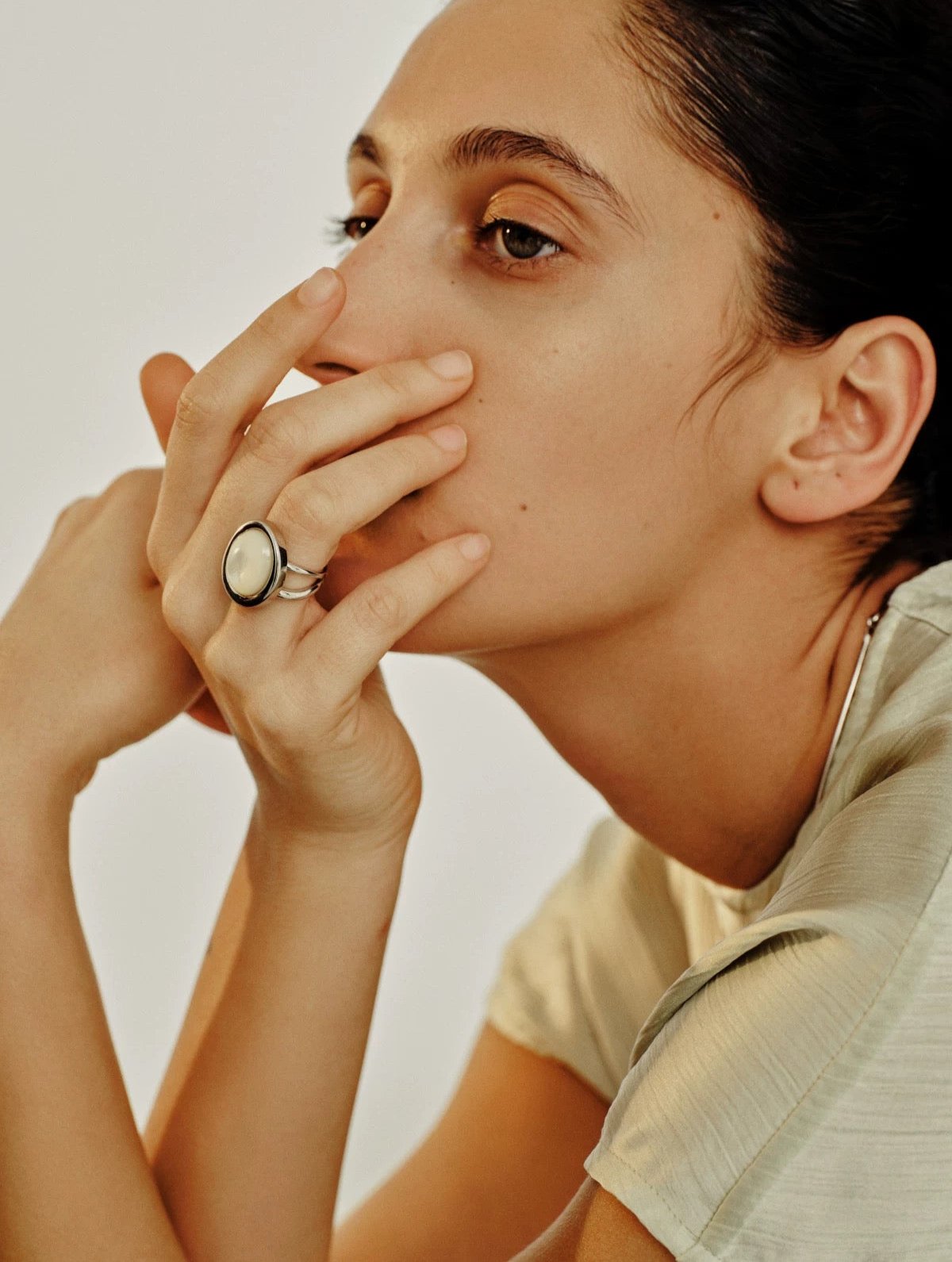 Sphere Mother of Pearl Gemstone Open Ring