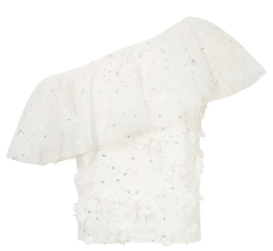 Crystal Flower Embellished Off-shoulder Ruffle Top